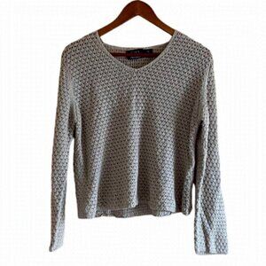 Vintage CB Casual Sweater Woman Large Neutral Cropped V Neck Chunky Cotton Rami